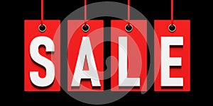 Sale text on red price labels hanging on black background. 3d illustration
