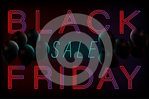 Black Friday is on sale for text like neon lights on dark brick walls and black balloons rising from below