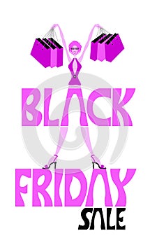 Black friday sale text with shopping girl and paper bags cartoon