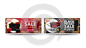 Black Friday Sale, up to 50% off, set of discount banners isolated on white background. Red and Black horizontal banners.