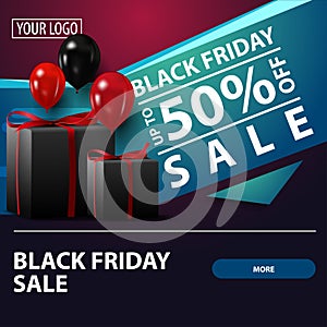 Black friday sale, up to 50% off, square purple discount banner with gifts for your website