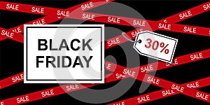 Black Friday sale vector banner. Dark background with red stripes and text. Horizontal promo template