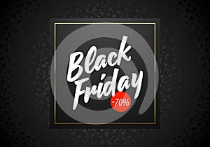 Black Friday Sale vector banner on black floral background. White lettering text. Square with gold frame and red round price tag