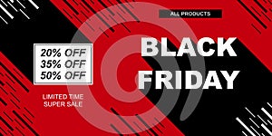 Black Friday sale vector banner. Red background with black stripes and text long shadow. Horizontal promo template