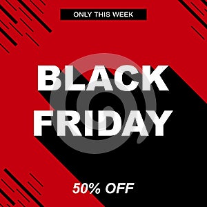 Black Friday sale vector banner. Red background with black stripes and text long shadow. Square promo template