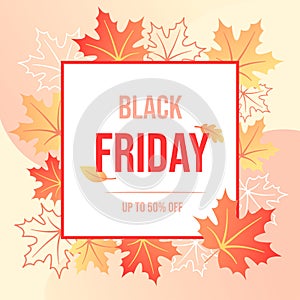Black Friday sale vector with colorful leaves on textured background. Autumn seasonal discounts
