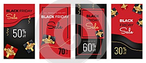 Black Friday sale vertical banners for social media. Black and red screen backdrop for stories and posts, mobile app, cards