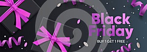 Black Friday sale web banner. Black gift boxes with pink ribbon and purple streamer. Falling confetti. Vector