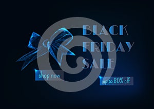 Black friday sale web banner template with glowing low polygonal ribbon bow, promo text and button shop now on dark blue