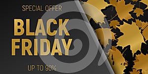 Black Friday Sale web Horizontal Banners. Gold Flying maple leaves. Black Background. Vector illustration.