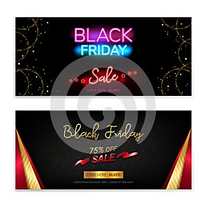 Black Friday Sales gift voucher or banner background in neon theme