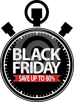 Black friday save up to 80% stopwatch black icon with red ribbon