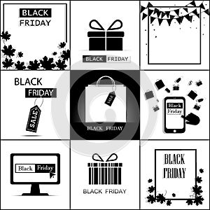 Black Friday A set of nine on white and black background.Set for card greeting badge save and sale.