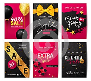 Black Friday Set of sale banners with balloons, gift boxes, bow and more. Vector illustrations of mobile website banners