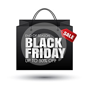 Black friday shopping bag and sales tag on white background. Use