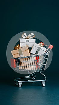 Black Friday shopping cart with gift boxes, dark background