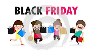 Black Friday shopping concept group of people running carrying shopping bags with purchases to the store on sale, Advertising