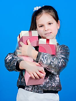 Black friday. Shopping day. Child carry lot gift boxes. Kids fashion. Surprise gift box. Birthday wish list. Special
