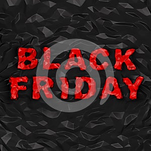 Black Friday (shopping discount creative concept). Red crumple text on warped polygonal black background