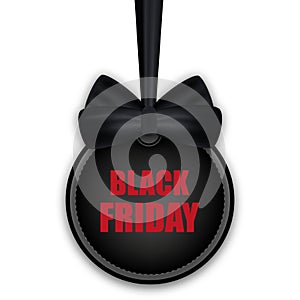 Black Friday sign Sale. Round sticker and bow with ribbon isolated on white background. Vector