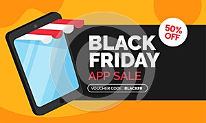 Black friday software app sale online store promotion banner template design with mobile smartphone vector illustration