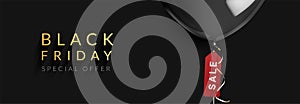 Black friday special offer banner, Sale tag hang with balloon on black background