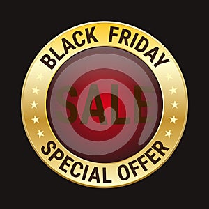 Black friday special offer on gold badge on black background