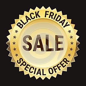 Black friday special offer on gold badge on black background photo
