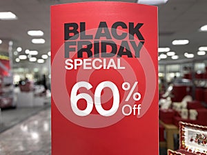 Black Friday Special sign advertises a whopping 60 percent discount in retail store