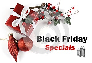 Black Friday Specials sale message greeting with Christmas decorations photo