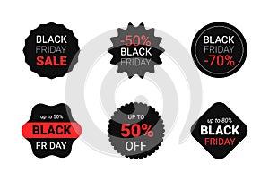 Black friday sticker set for promo sale. Vector badge shape with signs - star and roundburst label offer promotion