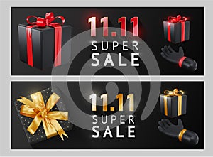 Black Friday Super Sale. 11.11 day sale. hand and Realistic black gift boxes with red and golden bow. Dark background