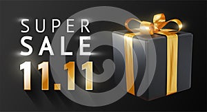 Black Friday Super Sale. 11.11.Realistic black gift boxes with golden bow. Dark background gold lettering text. vector