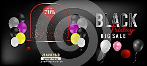 Black Friday Super Sale banner. Realistic 3d design stage podium. black Friday poster background, Open black gift box full of deco