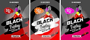 Black Friday Super Sale banner. Realistic 3d design stage podium. black Friday poster background, Open black gift box full of deco