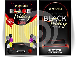 Black Friday Super Sale banner. Realistic 3d design stage podium. black Friday poster background, Open black gift box full of deco