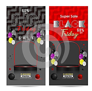 Black Friday Super Sale banner. Realistic 3d design stage podium. black Friday poster background, Open black gift box full of deco