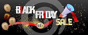 Black Friday Super Sale banner. Realistic 3d design stage podium. black Friday poster background, Open black gift box full of deco