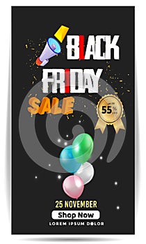 Black Friday Super Sale banner. Realistic 3d design stage podium. black Friday poster background, Open black gift box full of deco