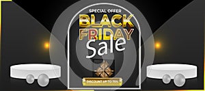 Black Friday Super Sale banner. Realistic 3d design stage podium. black Friday poster background, Open black gift box full of deco