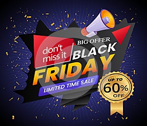 Black Friday Super Sale banner. Realistic 3d design stage podium. black Friday poster background, Open black gift box full of deco