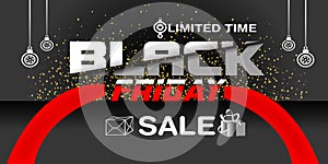 Black Friday Super Sale banner. Realistic 3d design stage podium. black Friday poster background, Open black gift box full of deco