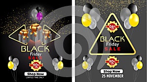 Black Friday Super Sale banner. Realistic 3d design stage podium. black Friday poster background, Open black gift box full of deco