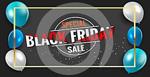 Black Friday Super Sale banner. Realistic 3d design stage podium. black Friday poster background, Open black gift box full of deco