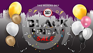 Black Friday Super Sale banner. Realistic 3d design stage podium. black Friday poster background, Open black gift box full of deco