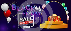 Black Friday Super Sale banner. Realistic 3d design stage podium. black Friday poster background, Open black gift box full of deco