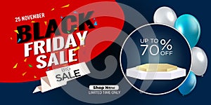 Black Friday Super Sale banner. Realistic 3d design stage podium. black Friday poster background, Open black gift box full of deco