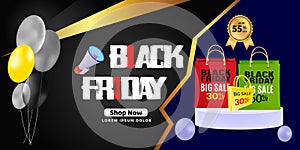 Black Friday Super Sale banner. Realistic 3d design stage podium. black Friday poster background, Open black gift box full of deco