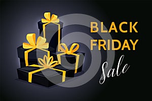 Black Friday Super Sale. black gifts boxes. Dark background golden text lettering. Horizontal banner, poster, header