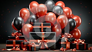 Black Friday Super Sale. Black gifts boxes with red ribbon and red balls. Sale concept, black friday